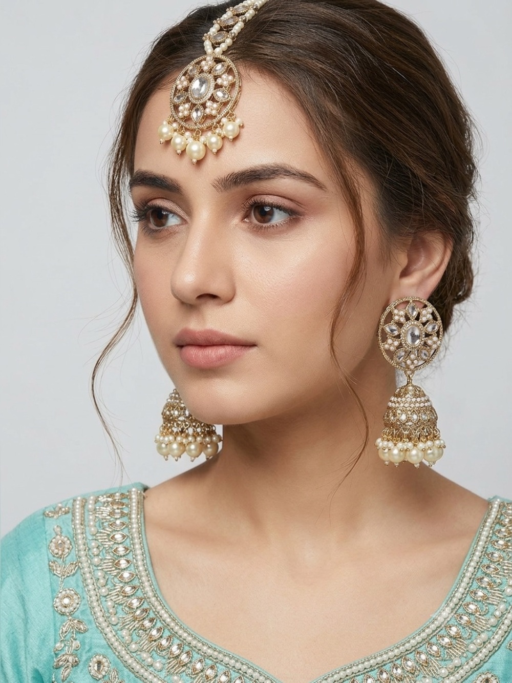 Ethnic Indian Wear Gold and Cream Pearl Jhumka Earrings